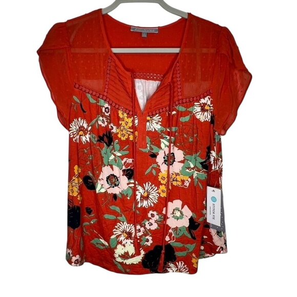 NWT Daniel Rainn Womens Orange Floral Short Sleeve Peasant Top Size PS Blouse - Picture 1 of 6